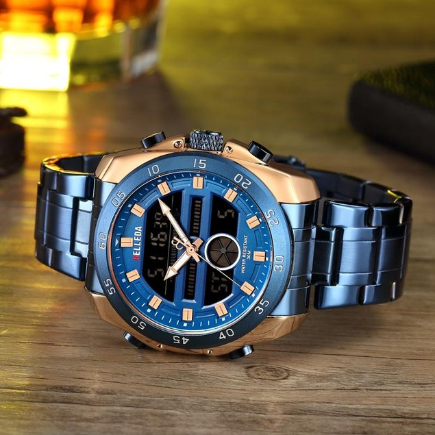 Jam Tangan Pria Belleda 9187 Rantai Steanless Dual Time Analog Digital Anti Air 3Atm