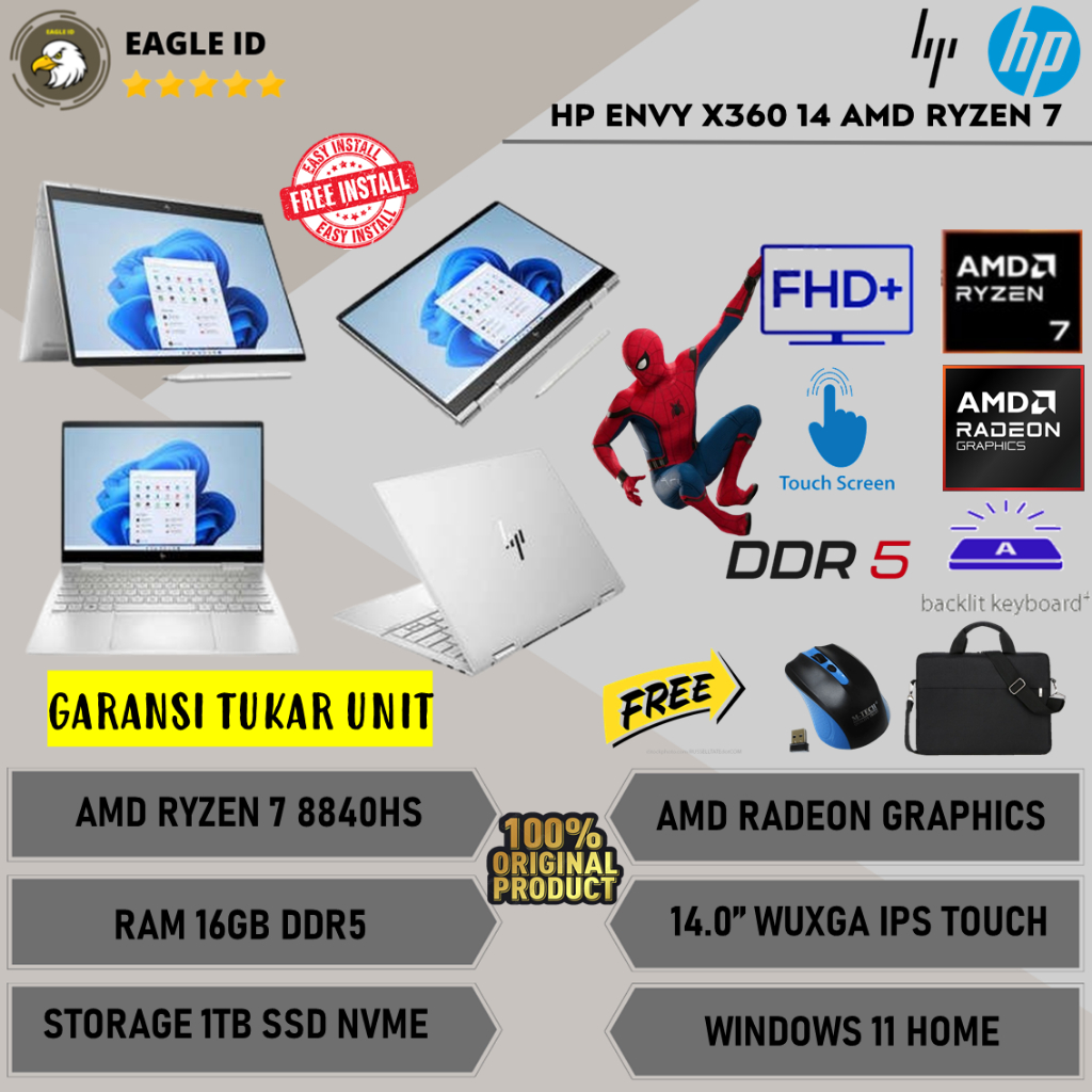 Laptop HP Envy X360 14 AMD Ryzen 7 8840HS Ram 16GB DDR5 1TB SSD Radeon 780M Touchscreen Windows 11 O