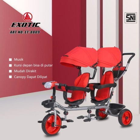 Sepeda Anak Roda 3 - Exotic Twin Tricycle ET-8809 | Sepeda Anak Kembar Bisa Hadap Depan/ Belakang