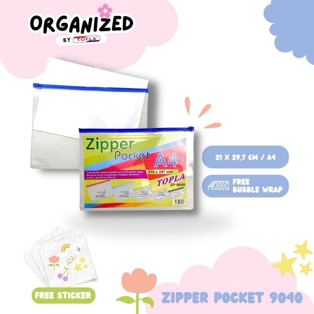 

Zipper Pocket Mika 9040 penyimpanan dokumen kertas berkas A4 dan barang transparan Topla