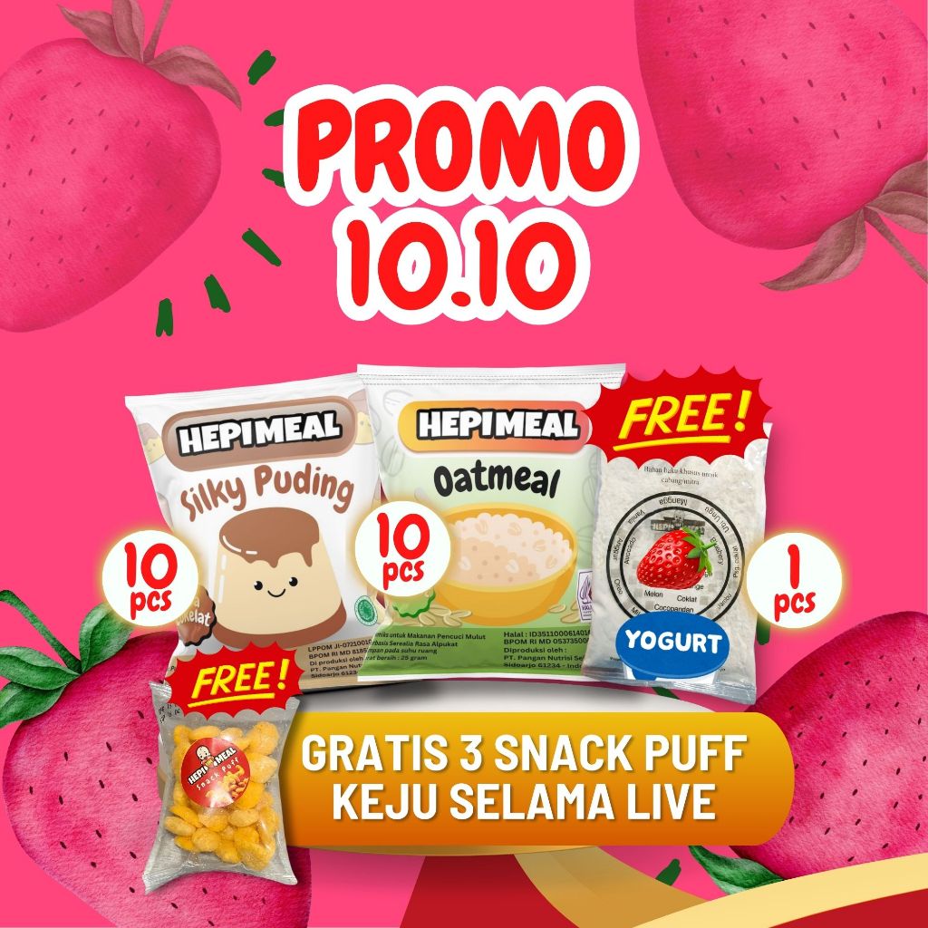 

PROMO 10.10 Mix 10 oatmeal dan 10 puding dapat GRATIS PUDING JELLY STRAWBERRY DAN SNACK PUFF