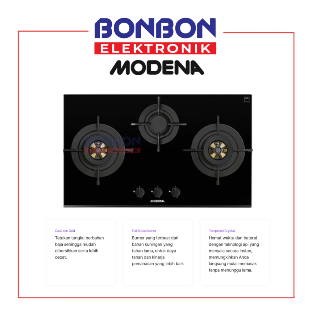 Modena Kompor Tanam Gas 3 Tungku BH 2933 LL / BH 2933LL Gas Hob