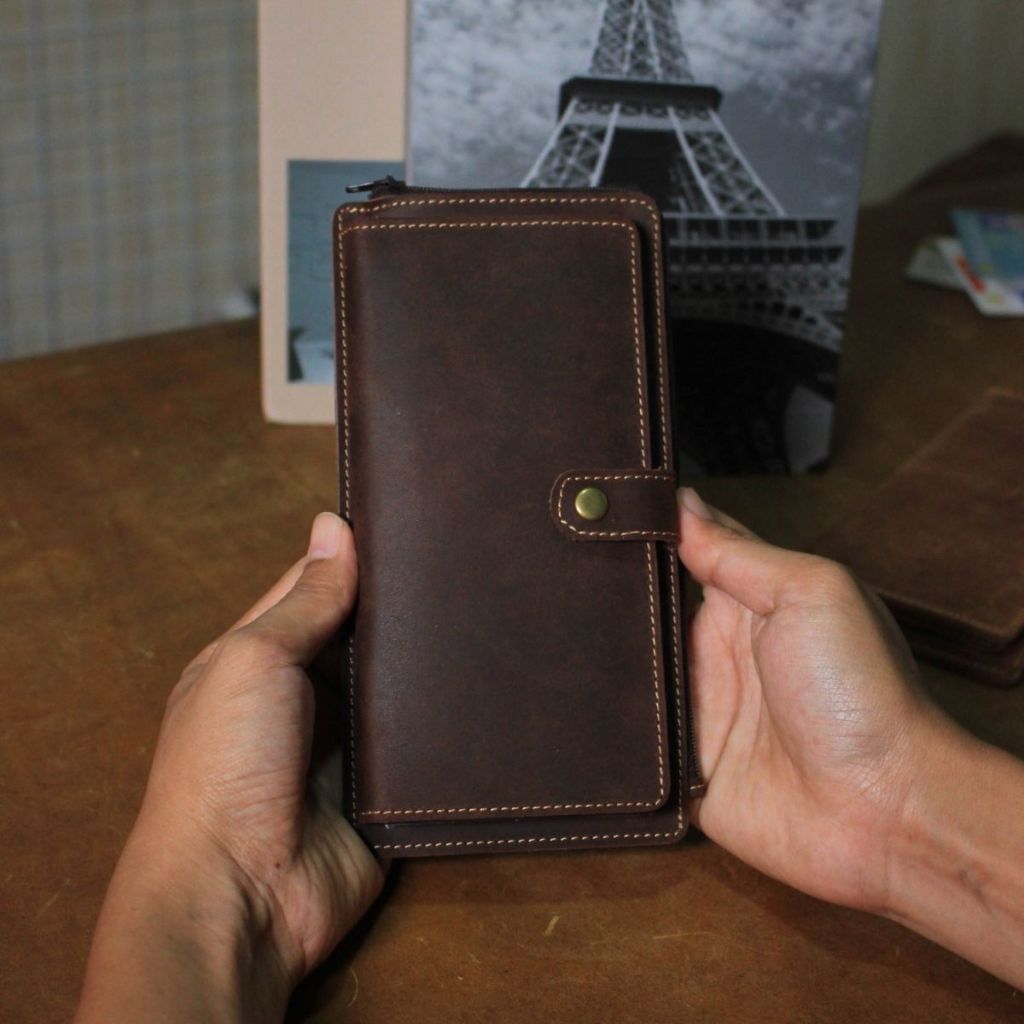 CALVIN Dompet Panjang Unisex Dompet Kalung Leher Kulit Sapi Pria Wanita