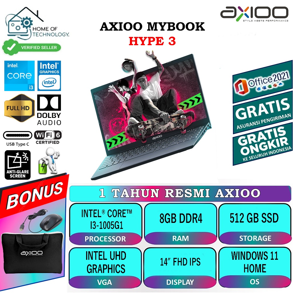 Laptop Axioo Hype 3 Intel Core I3 1125G4 GEN 11 Ram 16GB 512GB SSD Layar FHD Win 11 Pro Baru