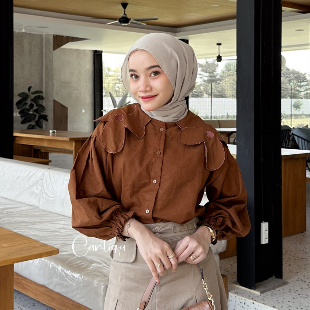 TERBARU CANTIQU - BLOUSE LINEN BORDIR BUNGA DAISY KEMEJA ATASAN FASHION MUSLIM WANITA