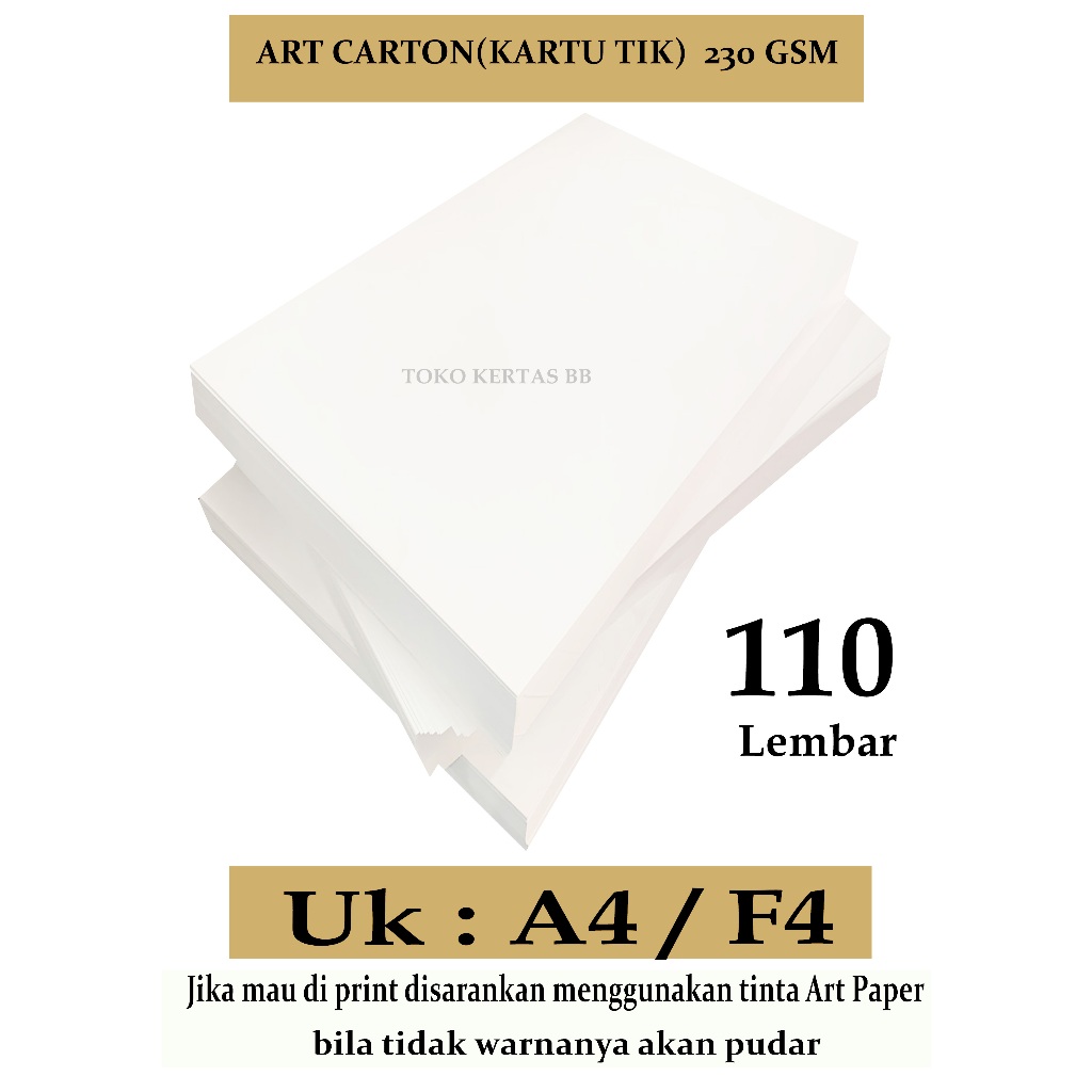 

ART CARTON ( KARTU TIK ) 230 GSM UKURAN A4 ( 21 X 29,7 CM ) F4 ( 21,5 X 33 CM ) , ISI 110 LEMBAR