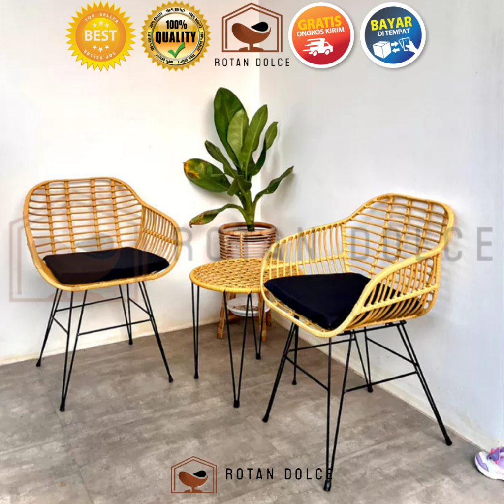 Kursi Teras Rotan Minimalis Rangka Besi 1 Set / Kursi Cafe / Kursi Makan