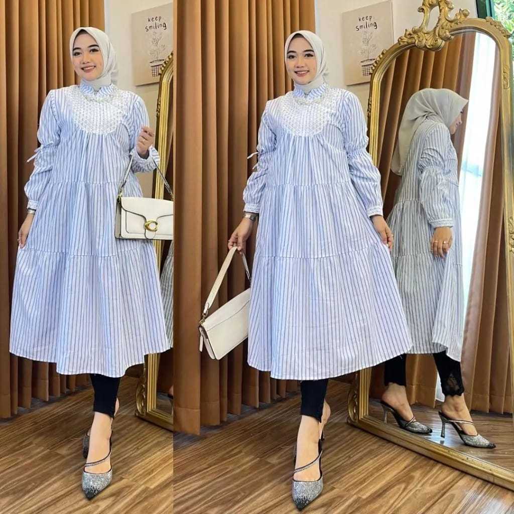 Yumna Midi Dress Motif Salur Mix Brukat Midi Dress Terbaru 2024 Dress wanita Kekinian