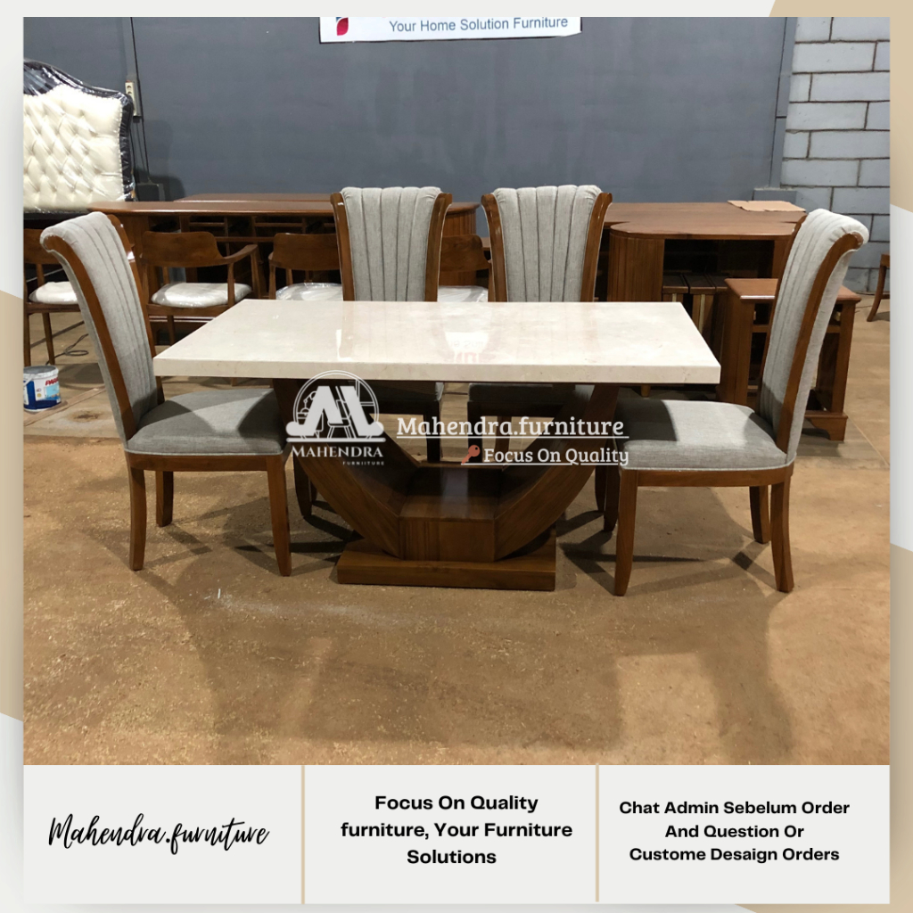 Set Meja Makan Marmer 4 Kursi Meja Makan Marmer Kaki Jati Meja Makan Marmer Set
