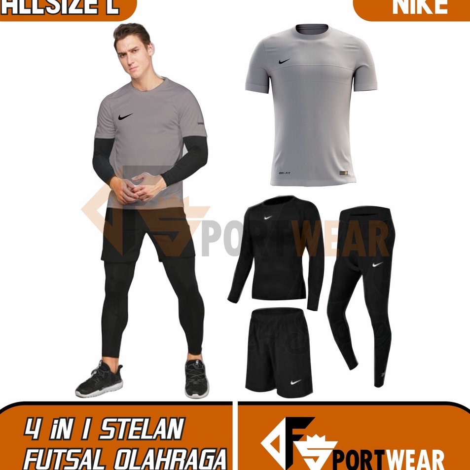 Best Discount  Full Set  4 in 1 Stelan Olahraga Pria Premium Manset Baju Futsal Running ABU