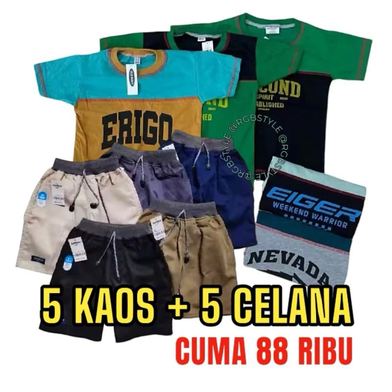 Paket Promo 100ribu Dapat Setelan Anak 5 Kaos + 5 Celana pendek Polos Chinos