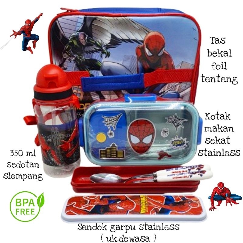 set bekal anak spiderman sekat stainless