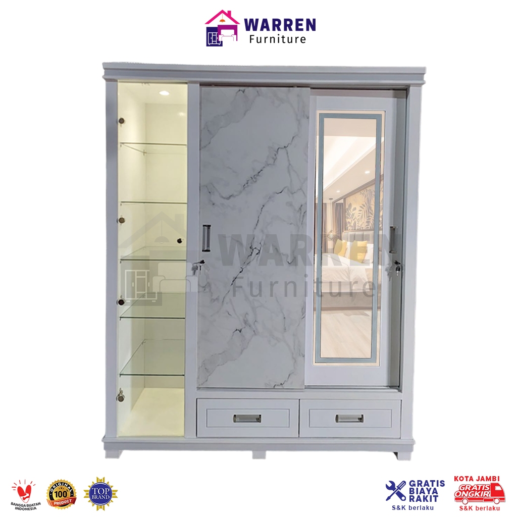 Lemari Pakaian 3 Pintu Kaca LED Full Body + Rak Tas + 2 Laci Bawah - HPL