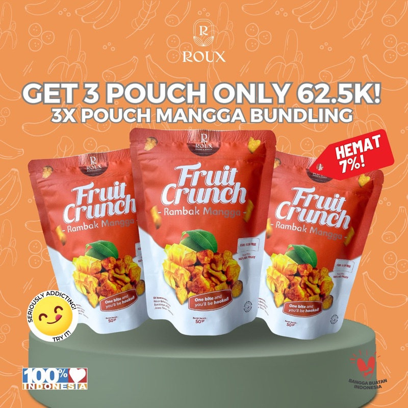 

PAKET BUNDLING ROUX FRUIT CRUNCH RAMBAK BUAH MANGGA PREMIUM ENAK SEHAT HEALTY SNACK TANPA GULA TAMBAHAN