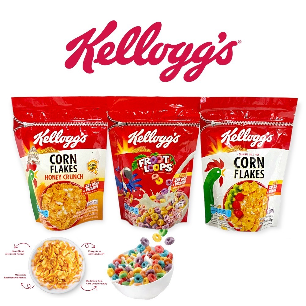 

Makanan Ringan / Cereal / Sereal Economy Pack Pouch Kellogs Corn Flakes 60 Gr, Honey 55 Gr, Froot Loops 55 Gr, Coco Fills 60 Gr, Simba 50 Gr Rasa Coklat, Strawberry, Kokokrunch / Kokocrunch / Koko Krunch, Honey Stars 70 Gr