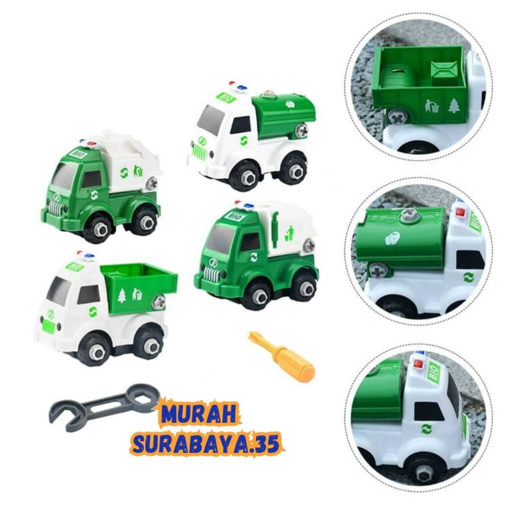 Mainan Edukasih Motorik Anak Merakit Berbagai Kendaraan Truck Sampah BP 8090 Isi 4 PCs Yang Berbeda 