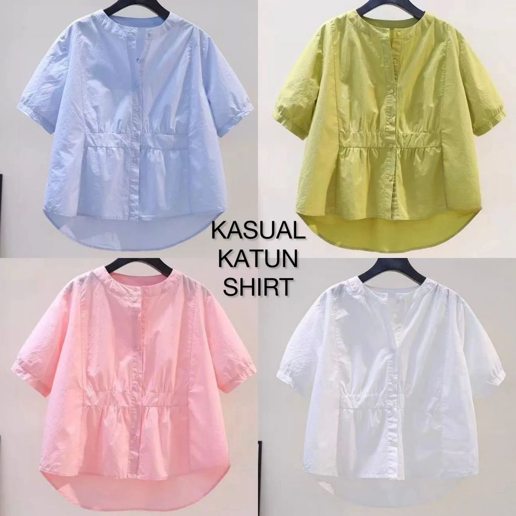 Uxuclo Kemeja Ruffle Shirt Kasual Wanita Lengan Pendek Mat Katun Poplin/Kemeja Top Katun Wanita