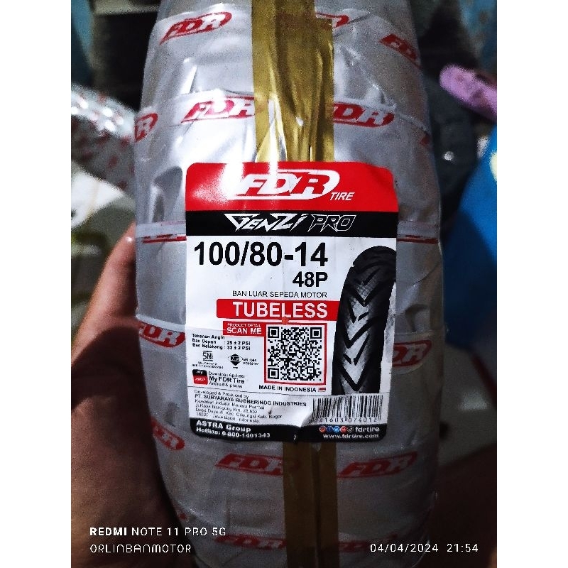 FDR Genzi pro 100/80-14 Tubles/Ban Belakang Vario 150/Ban Luar FDR Genzi pro 100/80-14/Ban Depan PCX