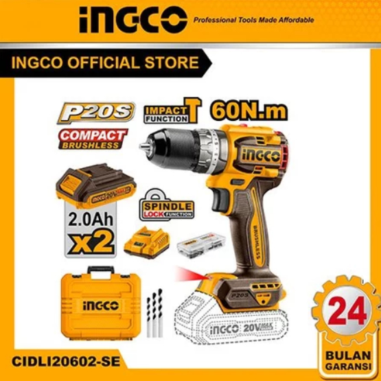 Mesin Bor Impact Drill Cordless 13mm Brushless INGCO CIDLI20602