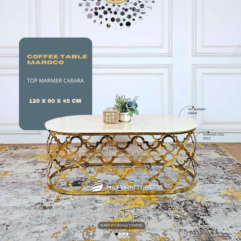 Meja marmer oval motif maroko stainless