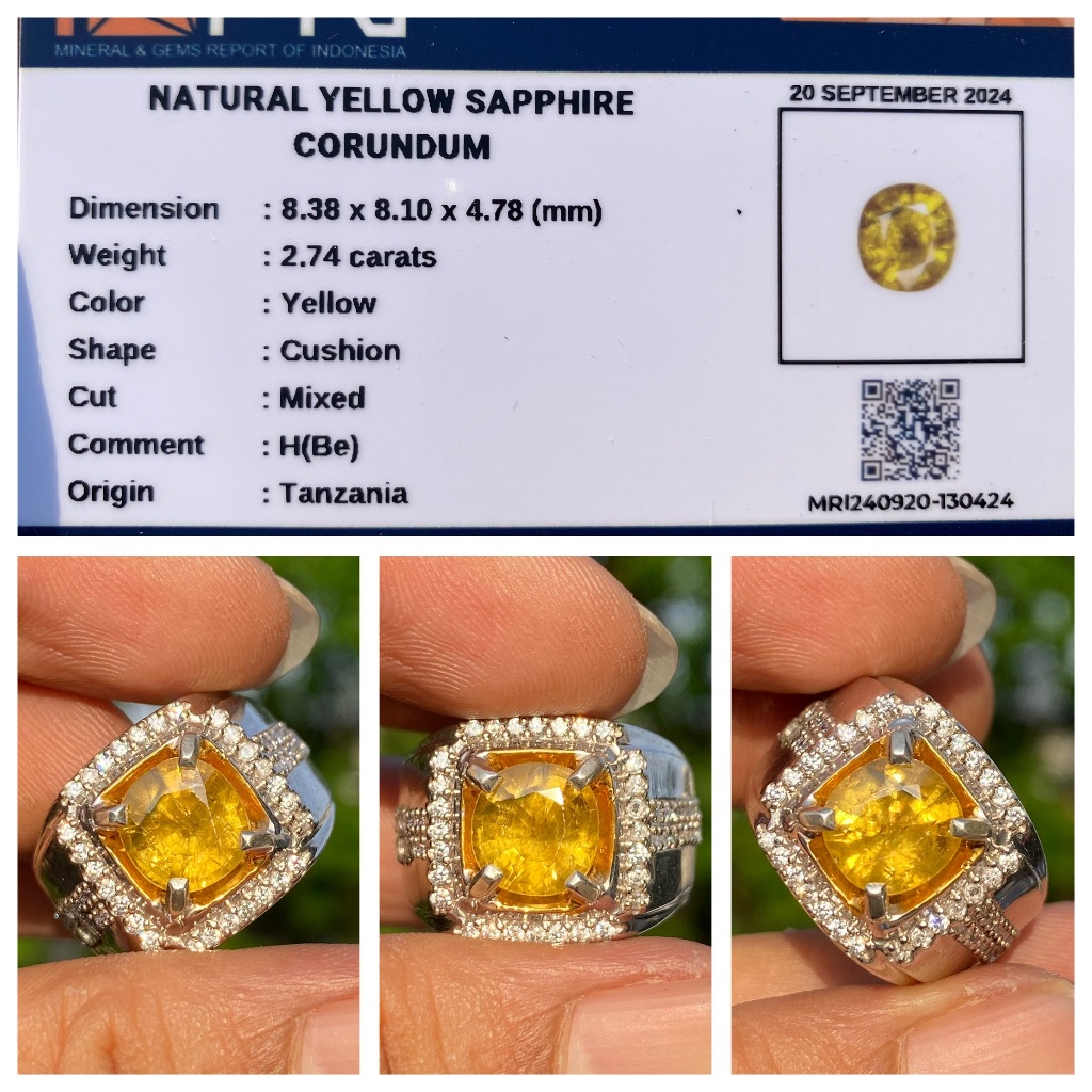 Natural 2.74ct yellow sapphire hbe tanzania memo