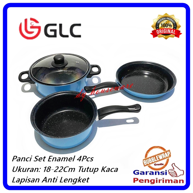 HARGA GROSIR Panci Set Enamel 4Pcs Panci Susu Frypan Panci Saus Tutup Kaca Anti Lengket GLC