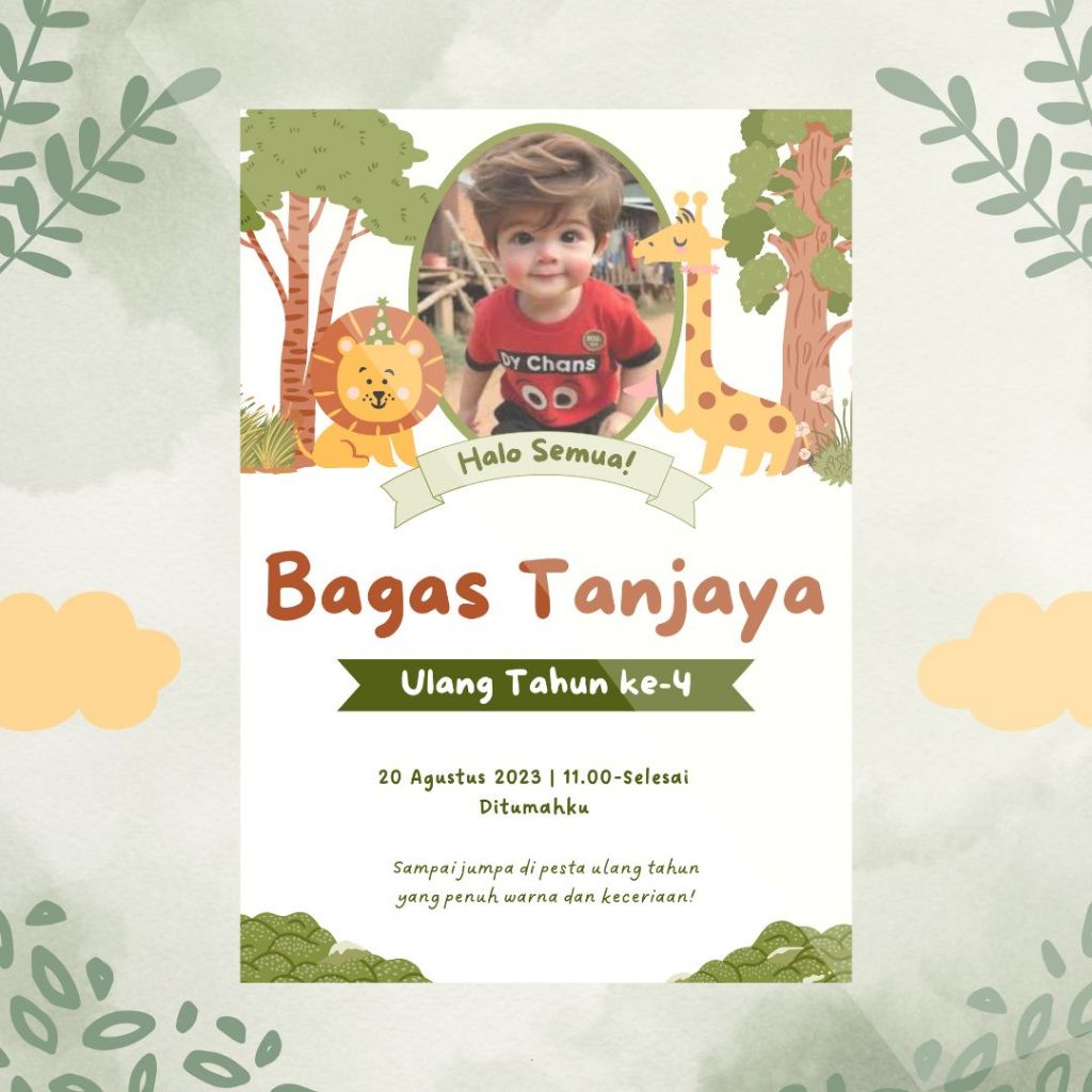 Undangan Ulang Tahun Birthday Invitation Ultah Anak tema dinosaurus C Potrait