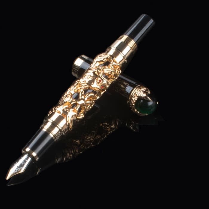 

GOLDEN DRAGON KING PLAY PEARL FINE 18KGP NIB FOUNTAIN PEN BLACK - Pulpen Pena Tinta NIB Ukiran Naga Emas & Bola Mutiara