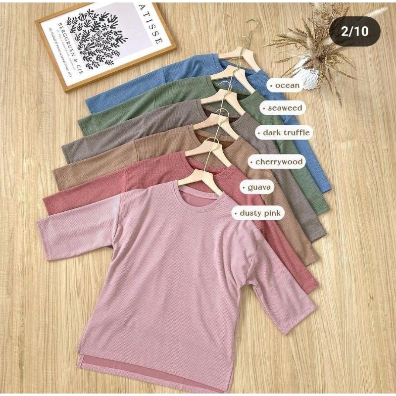 Kaos Crop Wanita Lengan 3/4 Knit Polos Oversize Atasan Baju Casual