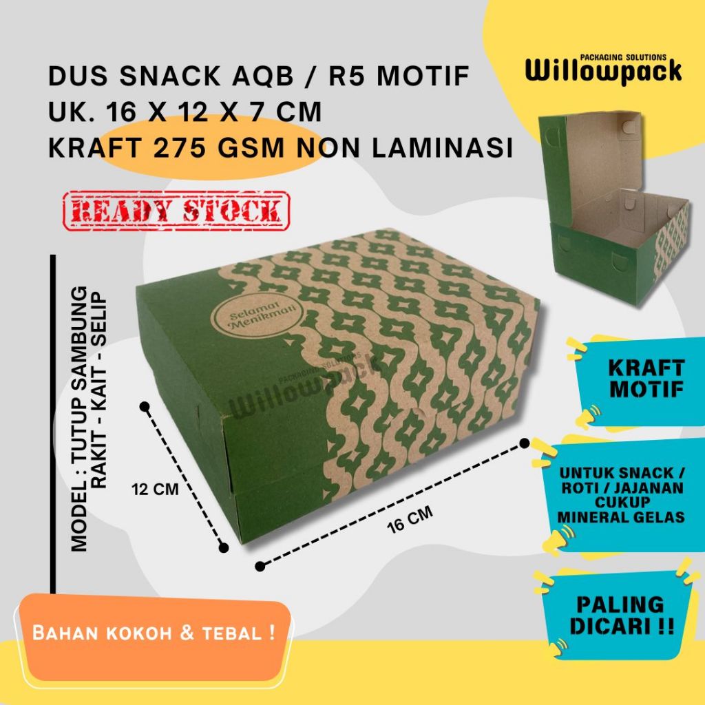 

DUS SNACK 16x12x7 R5 AQB BOX MOTIF KRAFT NON LAMINASI BOX ROTI JAJANAN HAJATAN