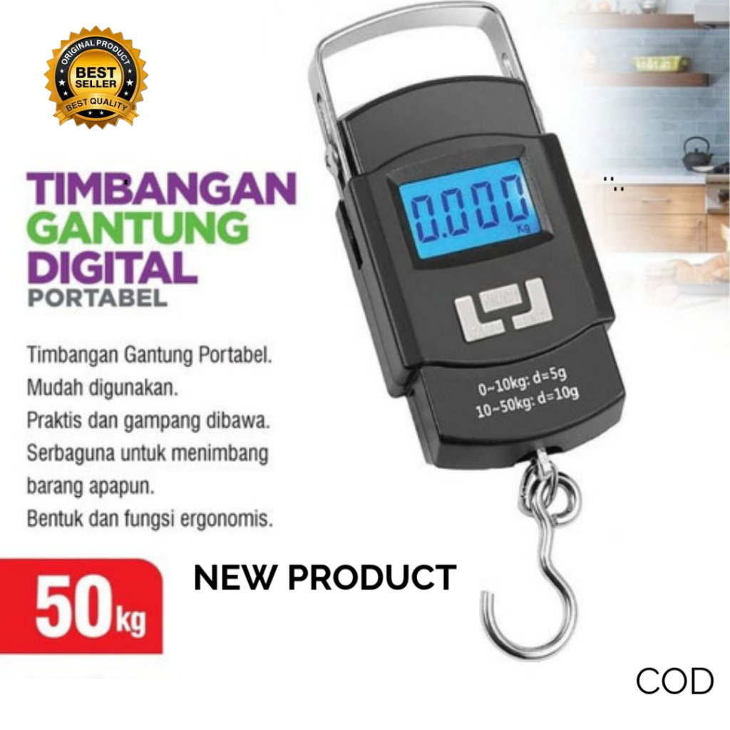 Timbangan Gantung 50 Kg LCD Digital Scale Portable Mini Kiloan Ikan Beras serbaguna Koper Timbangan 
