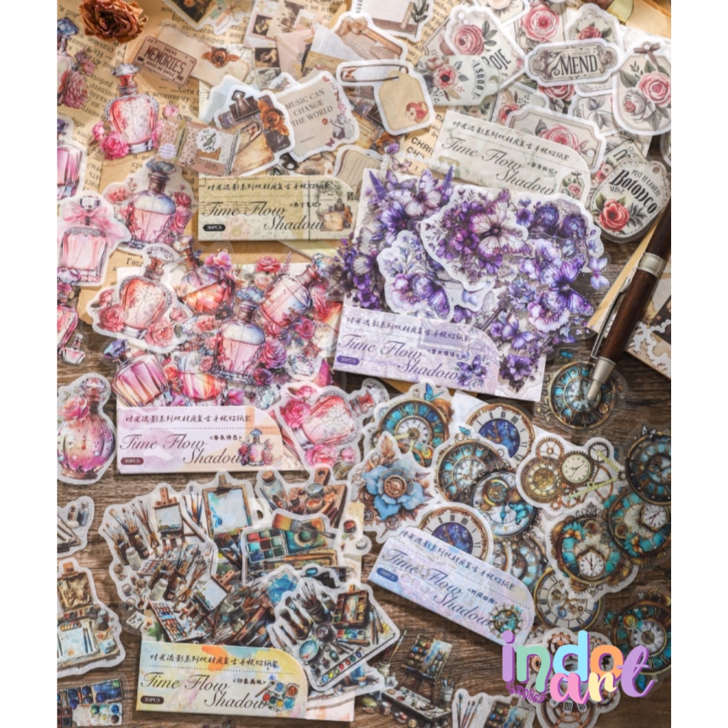 

(IAS) KK1 - Stiker Dekoratif Journal Scrapbook Vintage Clock Painting Parfume Butterfly isi 30 pcs