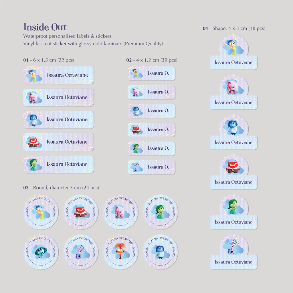 

INSIDE OUT / STICKER NAMA SINGLE PACK (4 Bentuk , 4 Ukuran) / Sticker Vinyl Waterproof (Tahan Air & Anti Sobek) / Label Sekolah / Label Nama Anak