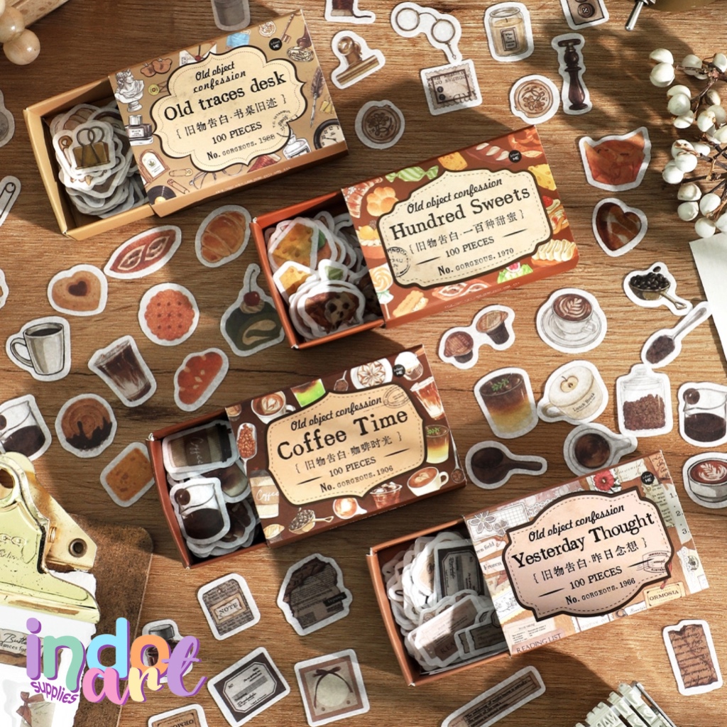 

(IAS) K3 - Sticker Dekoratif Journal Set Old Vintage Coffee Time Set Box isi 100 pcs