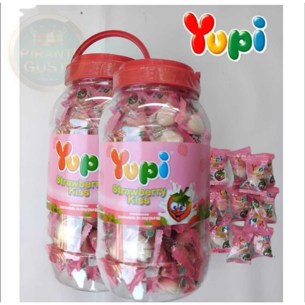 

Permen yupi strawberry kiss kemasan jar 300gr