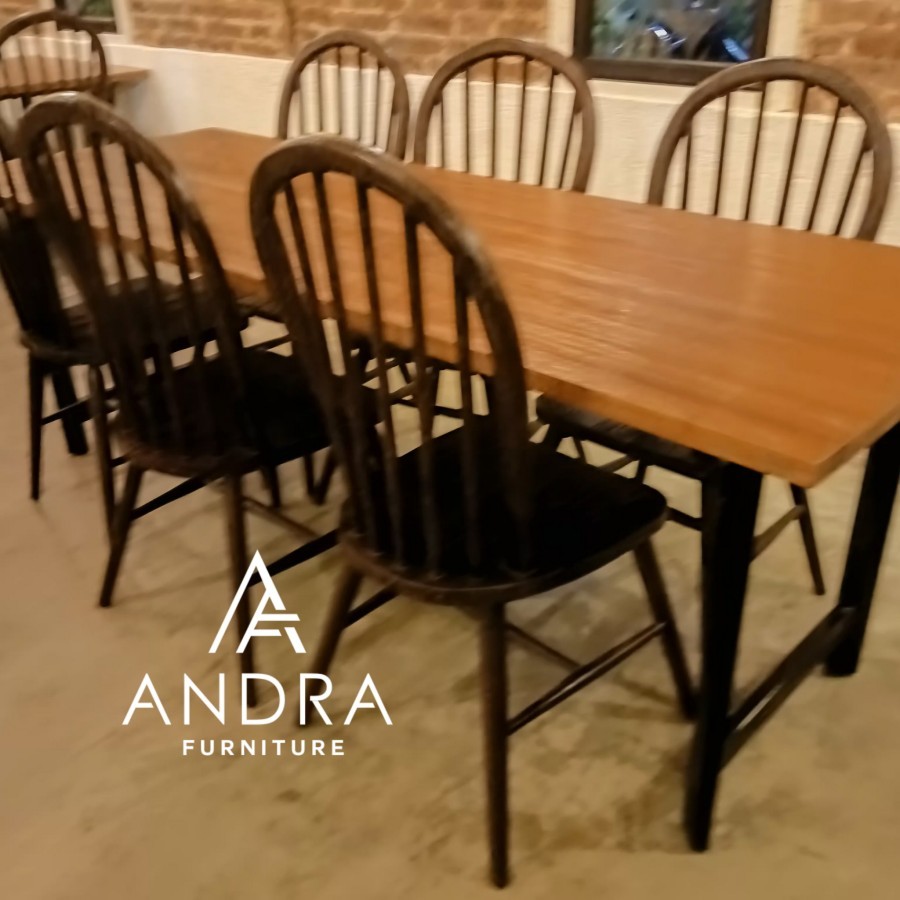 set kursi makan 6 kursi 1 meja kaki besi top kayu jati finishin rustic