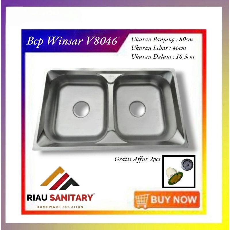 bak cuci piring 2 lubang tanpa meja/sayap winsar v8046