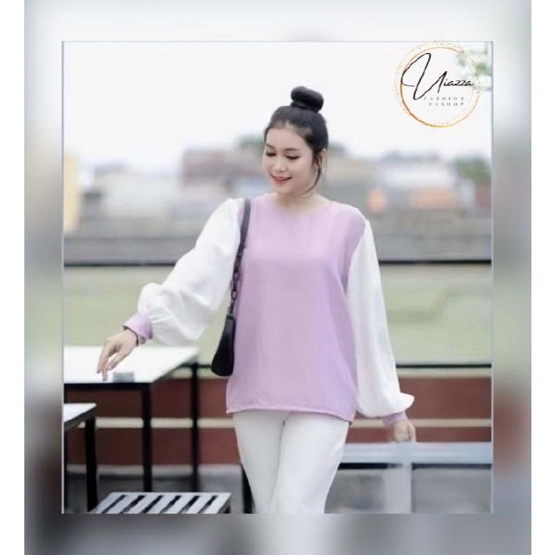 Blouse Wanita Lengan Panjang Kekinian Tangan Balon Warna Lilac