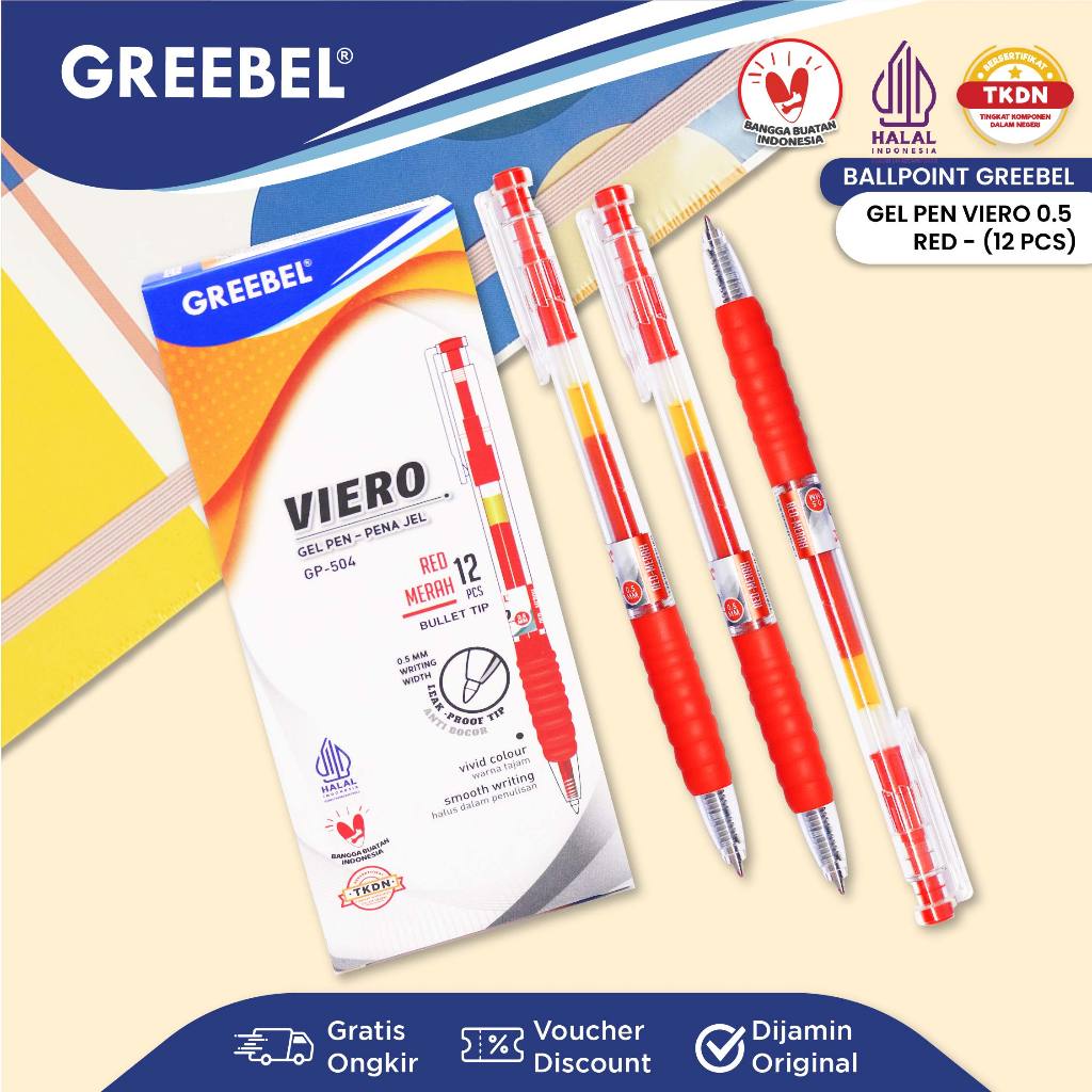 

GREEBEL PULPEN GEL / Gel Pen Viero GP-504 0.5 Merah (12PCS/SET) / Ballpen Gel Ballpoint Bolpen Bolpoin Pena Gel