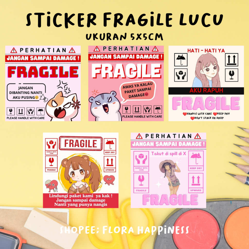 (100 pcs)STICKER FRAGILE LUCU STICKER FRAGILE MURAH 5X5CM STIKER FRAGILE UNTUK PAKET ESTETIK