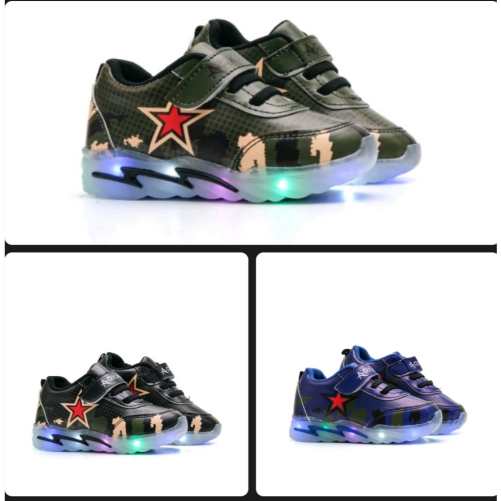 Sepatu Sneakers Army Star LED Anak Laki-Laki Keren 3-7 Tahun/ Sepatu Kets Casual Sport Lampu Nyala A
