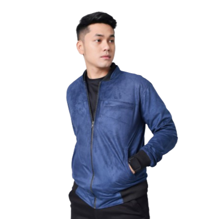 Brofash Jaket Bomber Kulit Suede Pria Cowok Dewasa Navy Blue