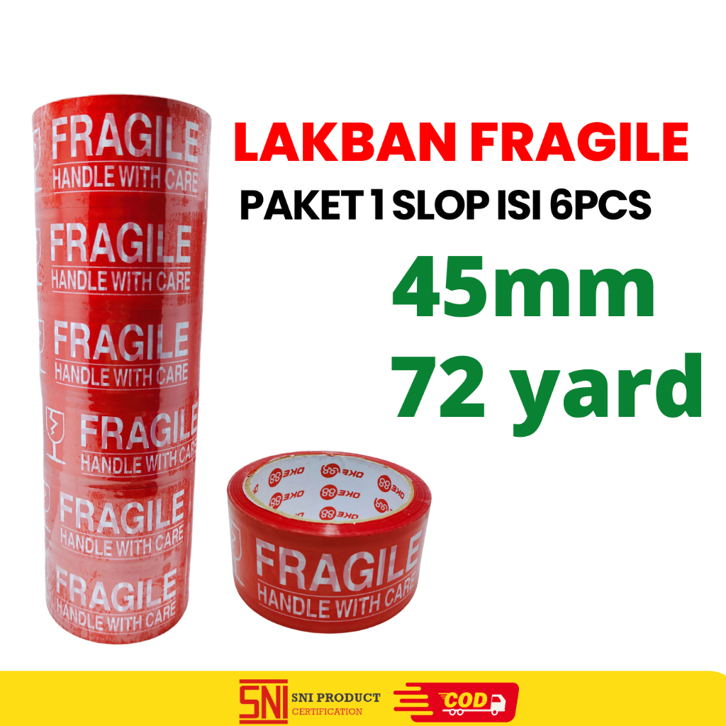 

Lakban FRAGILE Merah 45mm x 72 Yard PAKET 1 SLOP 6pcs Tape Jangan dibanting