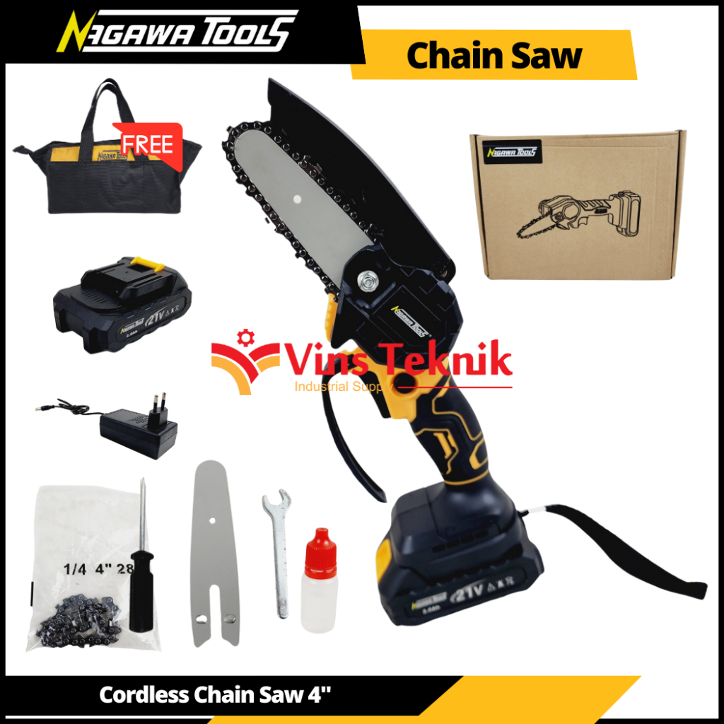 NAGAWA Cordless Mini Chain Saw 4 inch Gergaji Kayu Baterai Mini Chainsaw