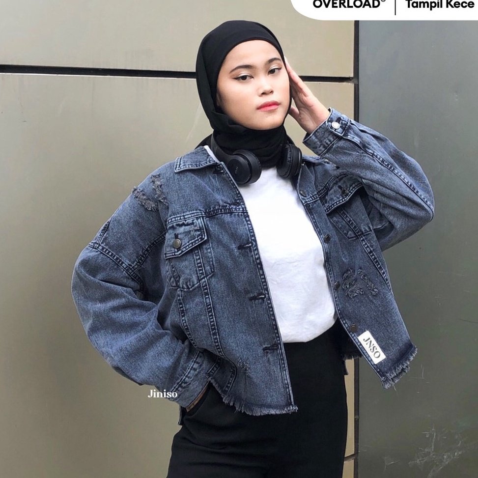 KODE E16F JINISO Ripped Jaket Jeans Oversize Vintage Black Acid