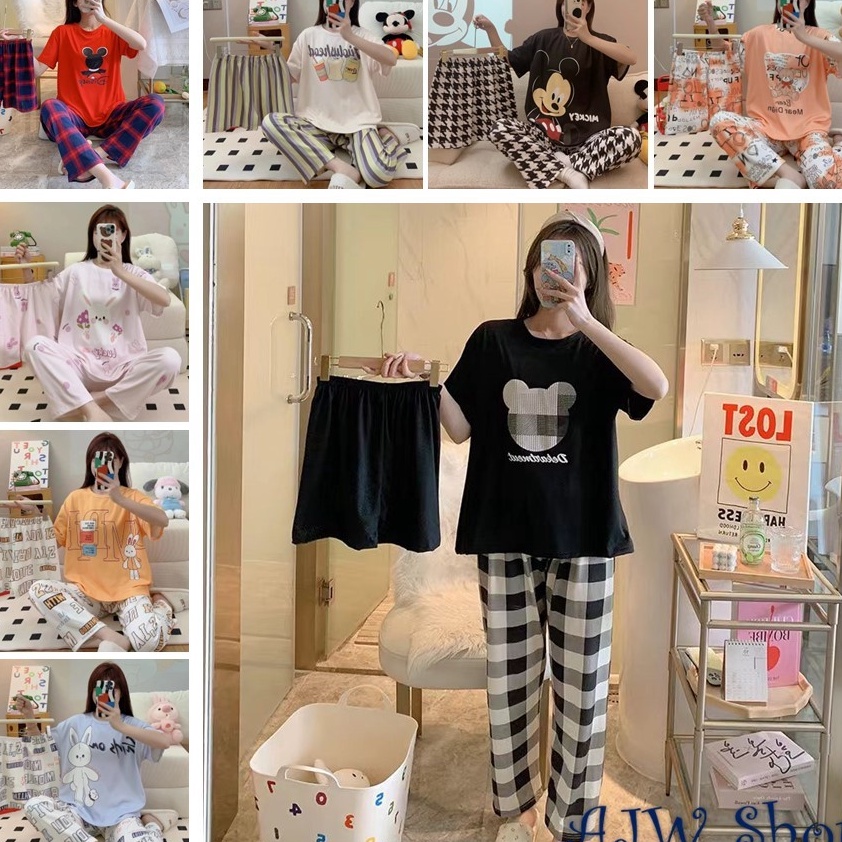 AJW Shop Piyama 3 in 1  Piyama Lengan Pendek  Baju Tidur Impor  Baju Tidur 3in1