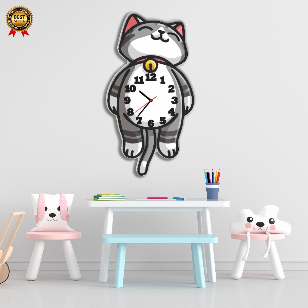 JAM DINDING UKIR MOTIF KUCING LUCU, HIASAN DINDING KAMAR ANAK