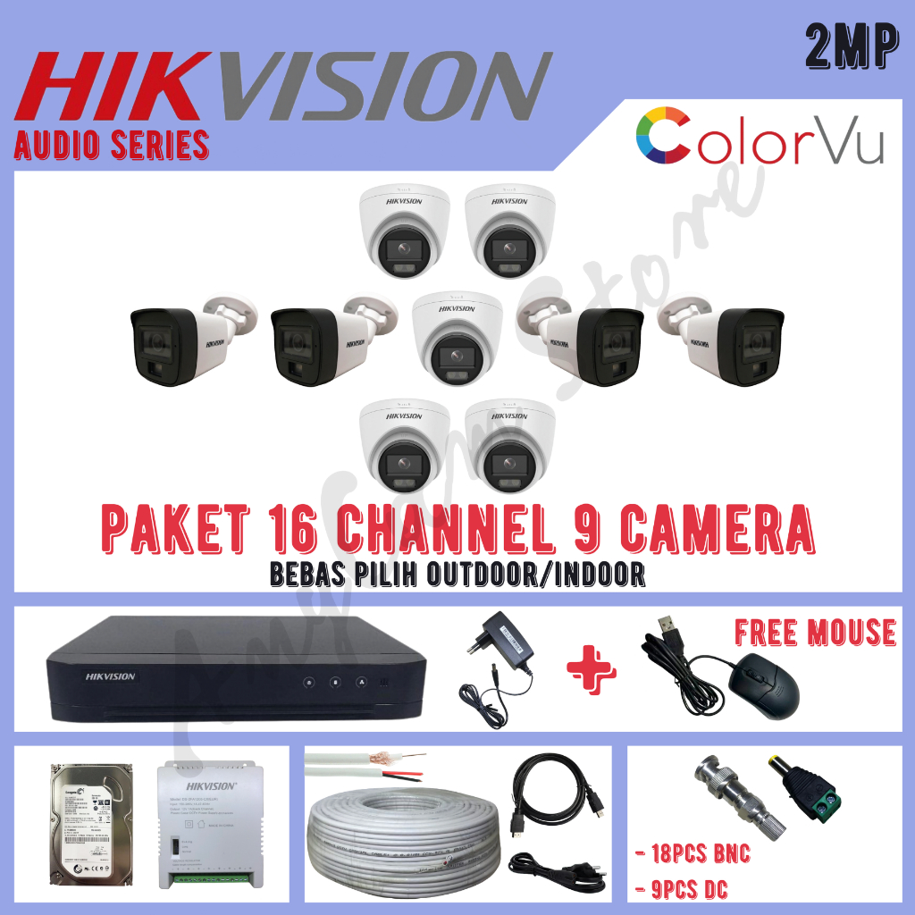 Paket CCTV Hikvision ColorVu 2MP 16 Channel 9 Kamera ColorVu Turbo HD 1080P Audio Series