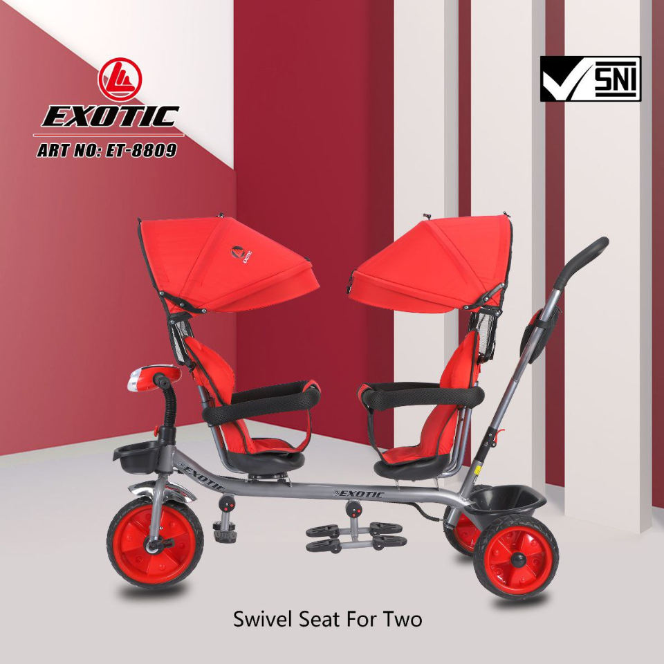 Sepeda Anak Roda 3 - Exotic Twin Tricycle ET-8809 | Sepeda Anak Kembar Bisa Hadap Depan/ Belakang