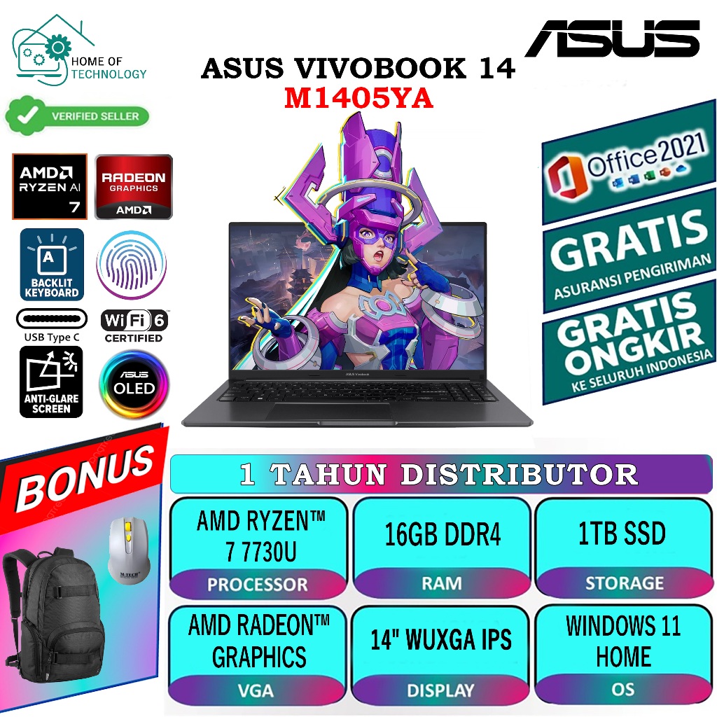 ASUS VIVOBOOK 14 M1405YA AMD RYZEN 7 7730U 16GB 1TB SSD 14.0 WUXGA IPS NP WIN11HOME